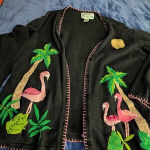 Vintage Quacker Factory Women’s Flamingos Palm Tree Novelty Cardigan Sweater 2X